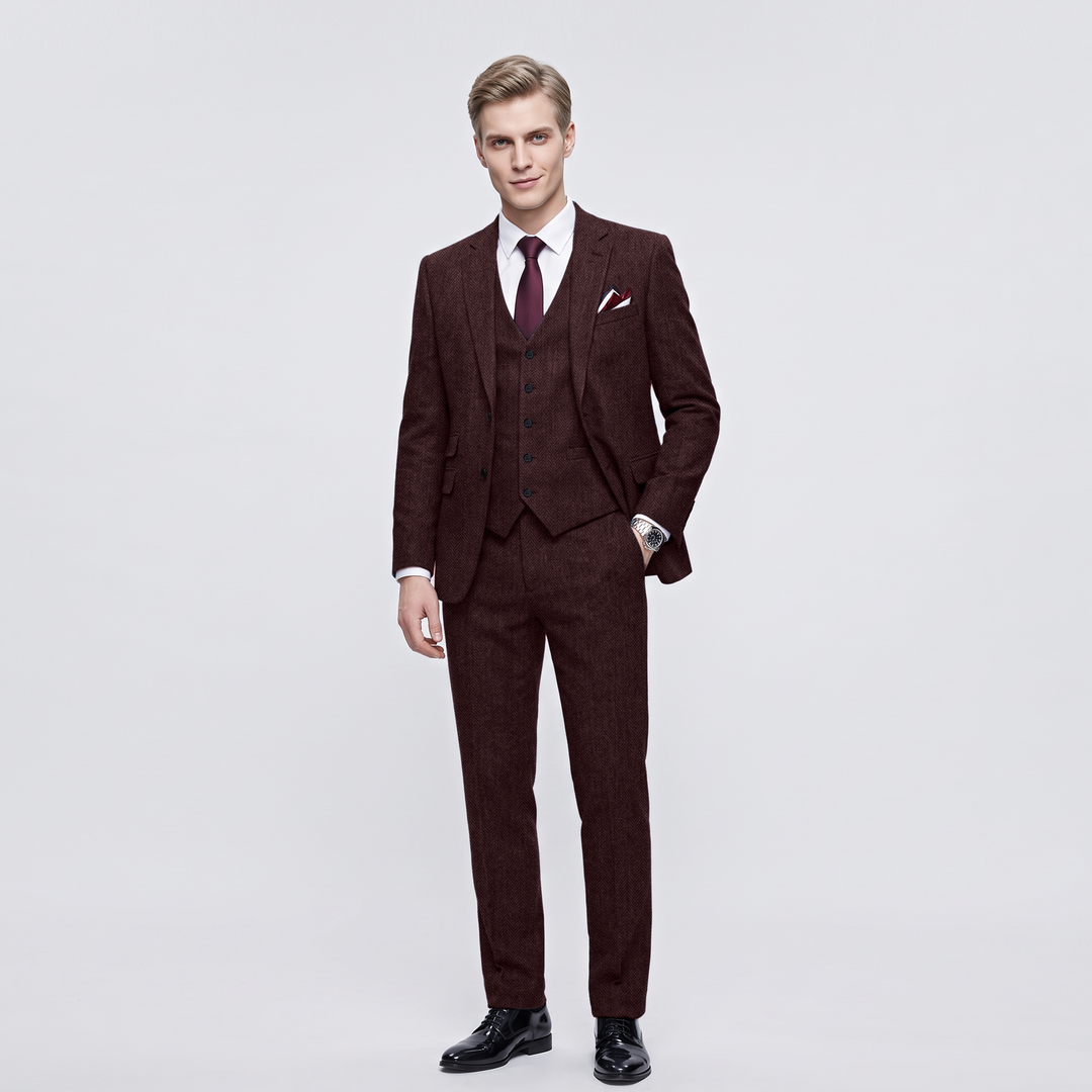 Menseventwear Vintage Classical 3 Pieces Men‘s Suit Herringbone Tweed Notch Lapel Tuxedos (Blazer+vest+Pants) Mens Event Wear