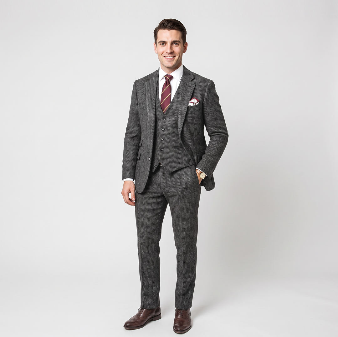 Menseventwear Vintage Classical 3 Pieces Men's Suit Herringbone Tweed Notch Lapel Tuxedos (Blazer+vest+Pants) Mens Event Wear