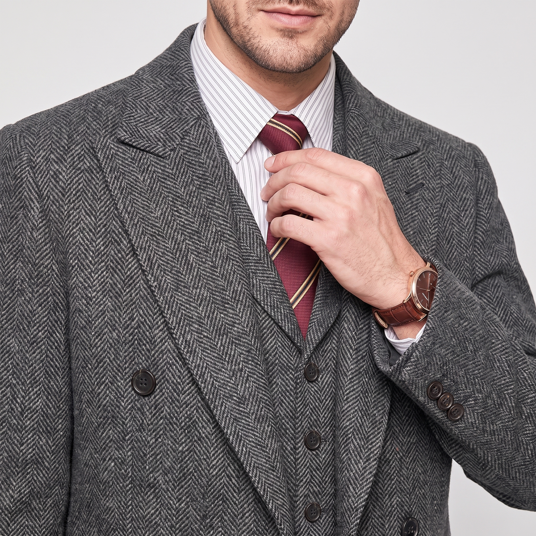 Menseventwear Vintage Classical 3 Pieces Men’s Suit Herringbone Tweed Peak Lapel Tuxedos (Blazer+vest+Pants) Mens Event Wear