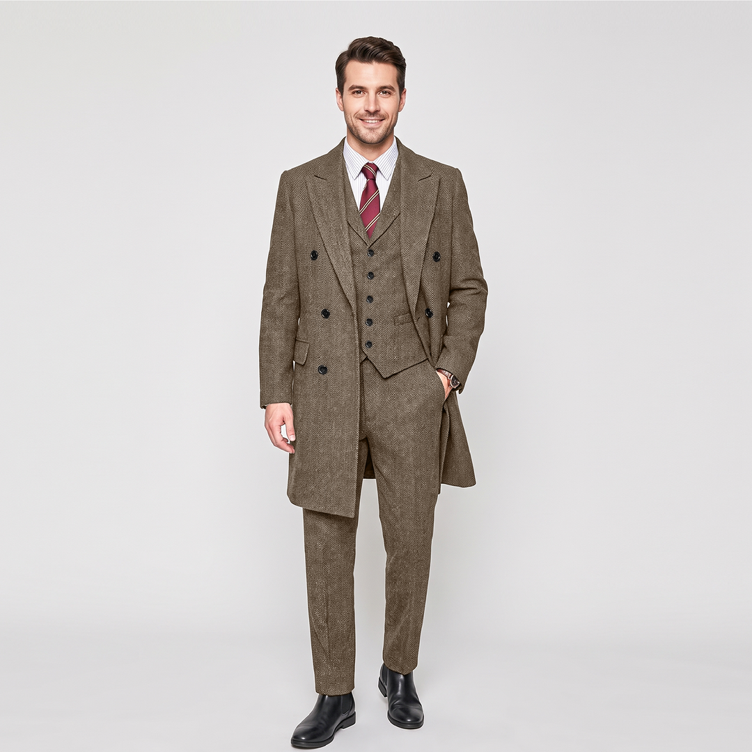 Menseventwear Vintage Classical 3 Pieces Men’s Suit Herringbone Tweed Peak Lapel Tuxedos (Blazer+vest+Pants) Mens Event Wear