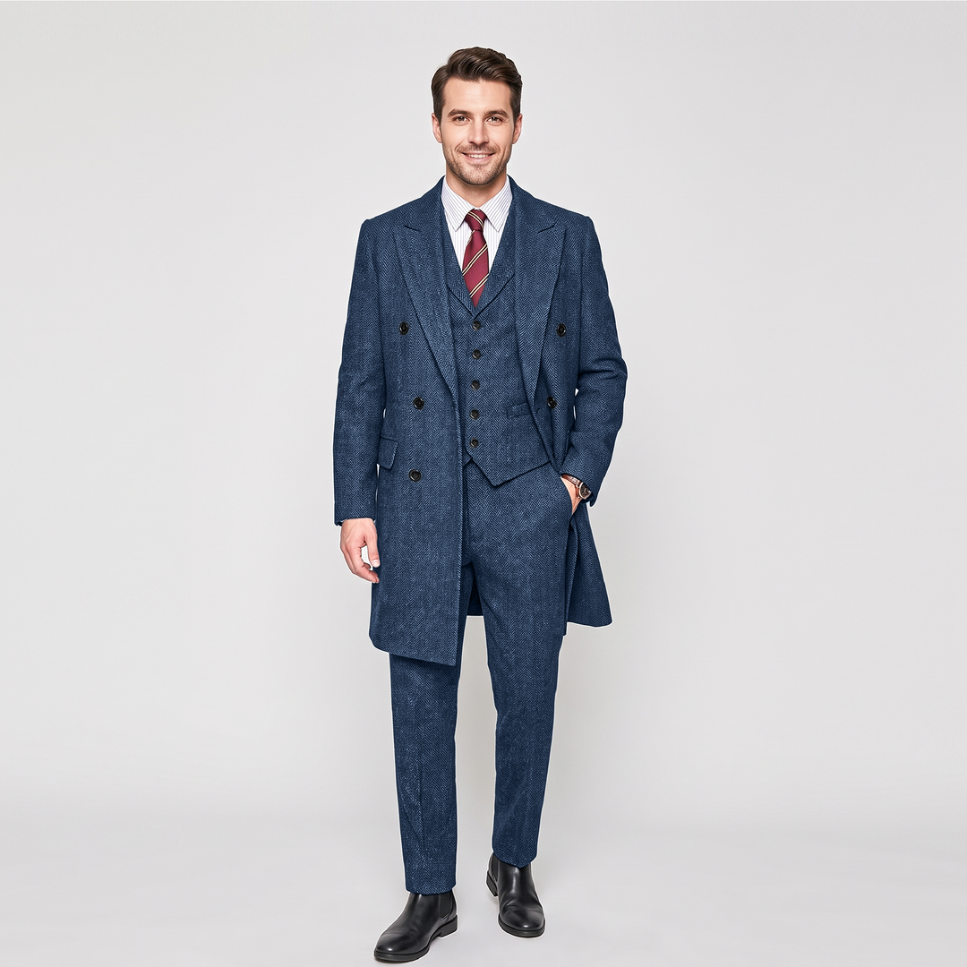 Menseventwear Vintage Classical 3 Pieces Men’s Suit Herringbone Tweed Peak Lapel Tuxedos (Blazer+vest+Pants) Mens Event Wear