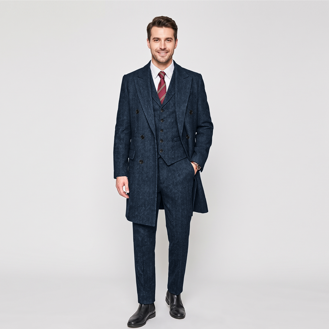 Menseventwear Vintage Classical 3 Pieces Men’s Suit Herringbone Tweed Peak Lapel Tuxedos (Blazer+vest+Pants) Mens Event Wear