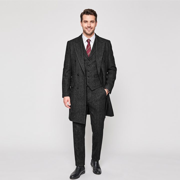 Menseventwear Vintage Classical 3 Pieces Men’s Suit Herringbone Tweed Peak Lapel Tuxedos (Blazer+vest+Pants) Mens Event Wear
