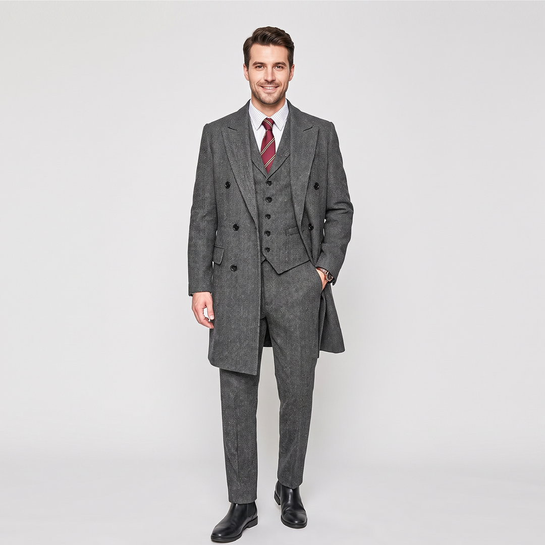 Menseventwear Vintage Classical 3 Pieces Men’s Suit Herringbone Tweed Peak Lapel Tuxedos (Blazer+vest+Pants) Mens Event Wear