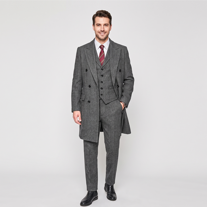 Menseventwear Vintage Classical 3 Pieces Men’s Suit Herringbone Tweed Peak Lapel Tuxedos (Blazer+vest+Pants) Mens Event Wear