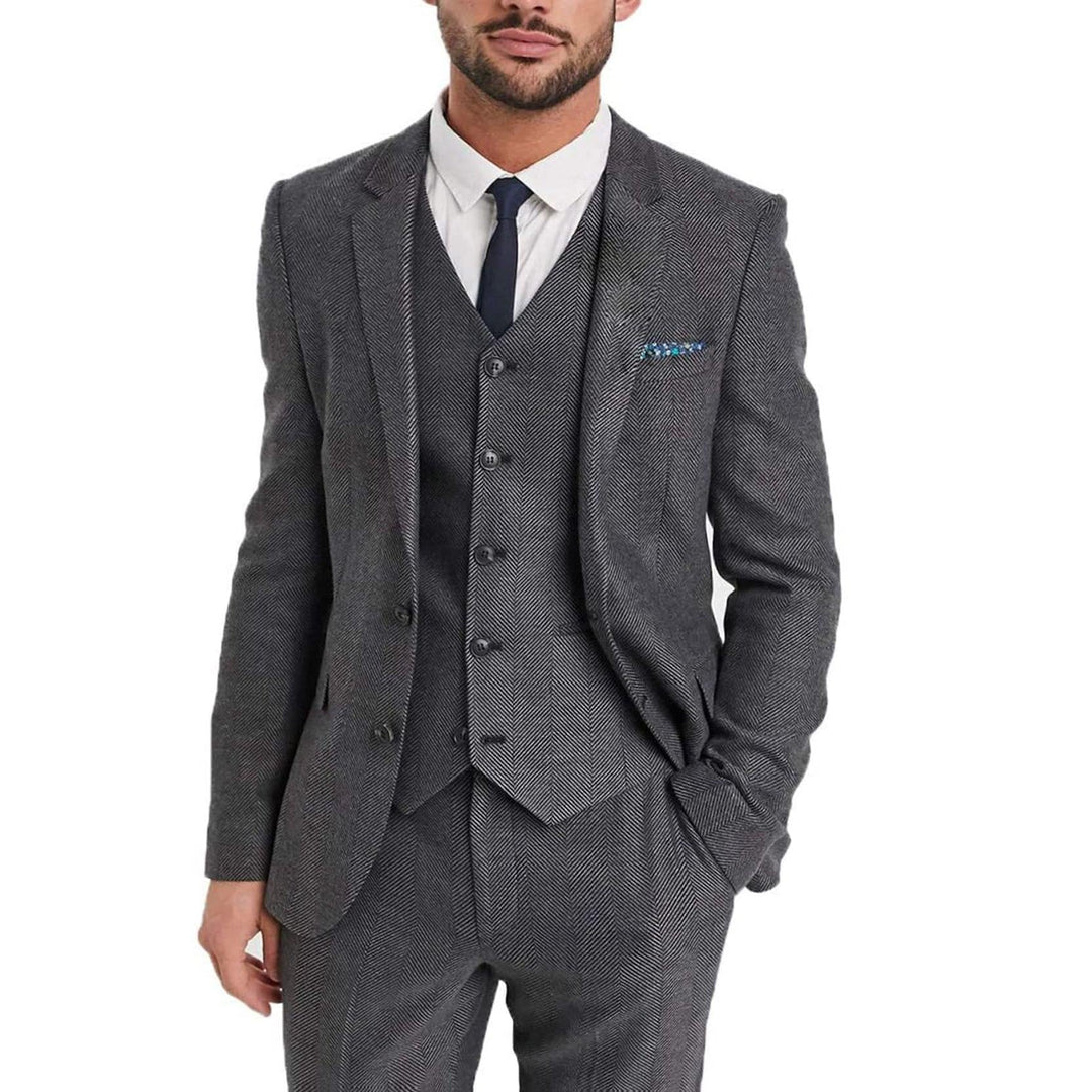 Menseventwear Vintage Classical 3 Pieces Mens Suit Herringbone Tweed Notch Lapel Tuxedos (Blazer+vest+Pants) mens event wear
