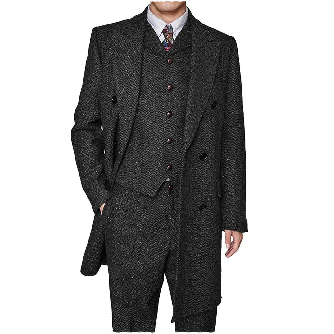 Menseventwear Vintage Classical 3 Pieces Mens Suit Herringbone Tweed Peak Lapel Tuxedos (Blazer+vest+Pants) mens event wear