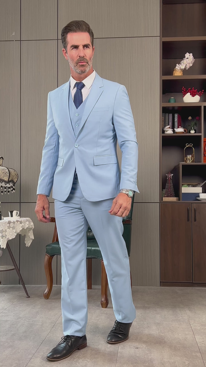 Moda 3 piezas traje para hombre esmoquin de solapa de muesca plana (Blazer + chaleco + Pantalones)