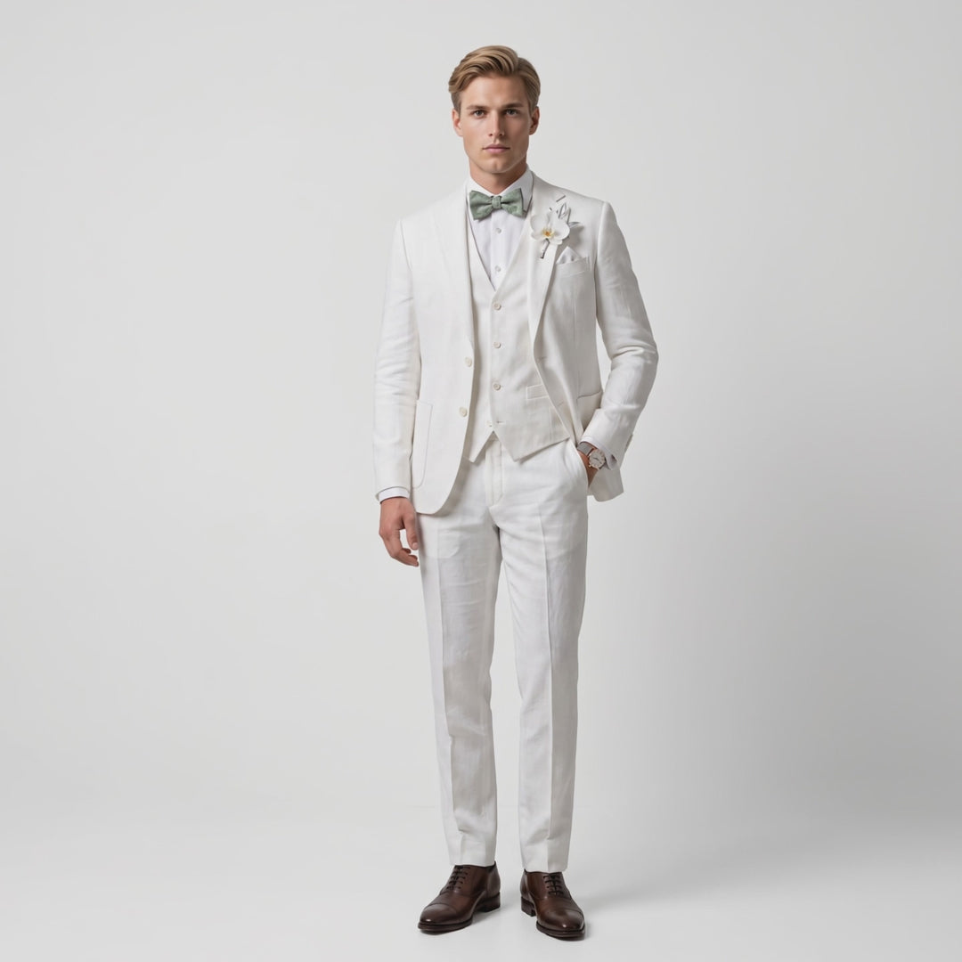 Menseventwear Formal 3 Pieces Mens Suit Flat Linen Notch Lapel Suits For Wedding (Blazer+Vest+Pants)