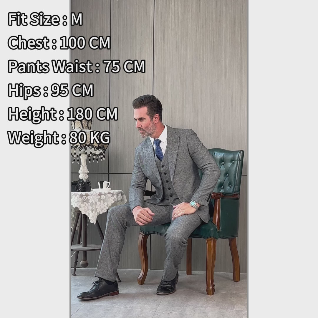 Menseventwear Classic 3 Pieces Mens Suit Herringbone Tweed Peak Lapel Tuxedos (Blazer+vest+Pants)