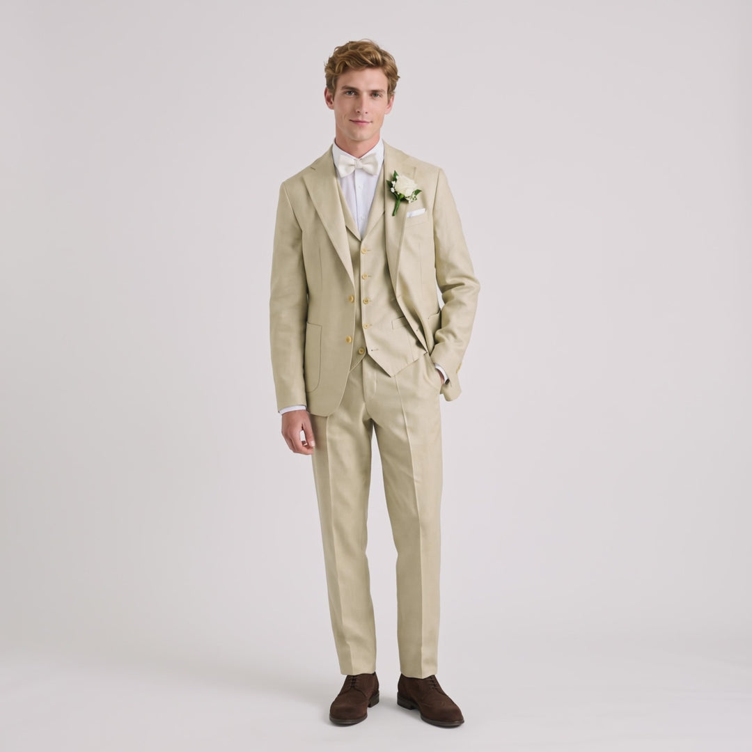 Menseventwear Formal 3 Pieces Mens Suit Flat Linen Notch Lapel Suits For Wedding (Blazer+Vest+Pants)