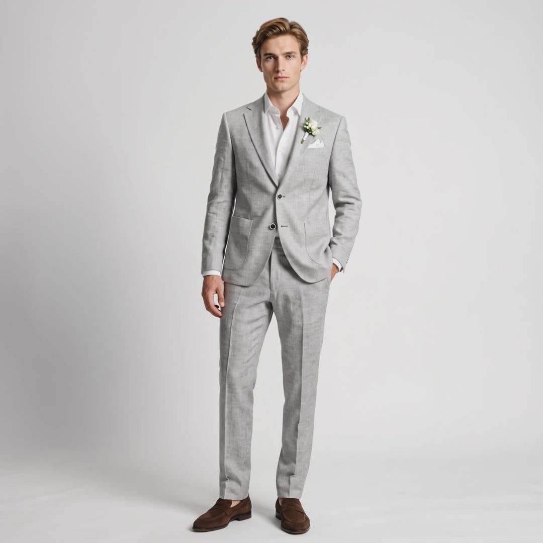 Menseventwear Formal 2 Pieces Mens Suits Flat Linen Notch Lapel Set (Blazer + Pants)