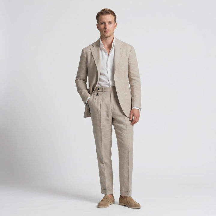 Casual 2 Pieces Mens Suit Flat Linen Notch Lapel Suit (Blazer + Pants)