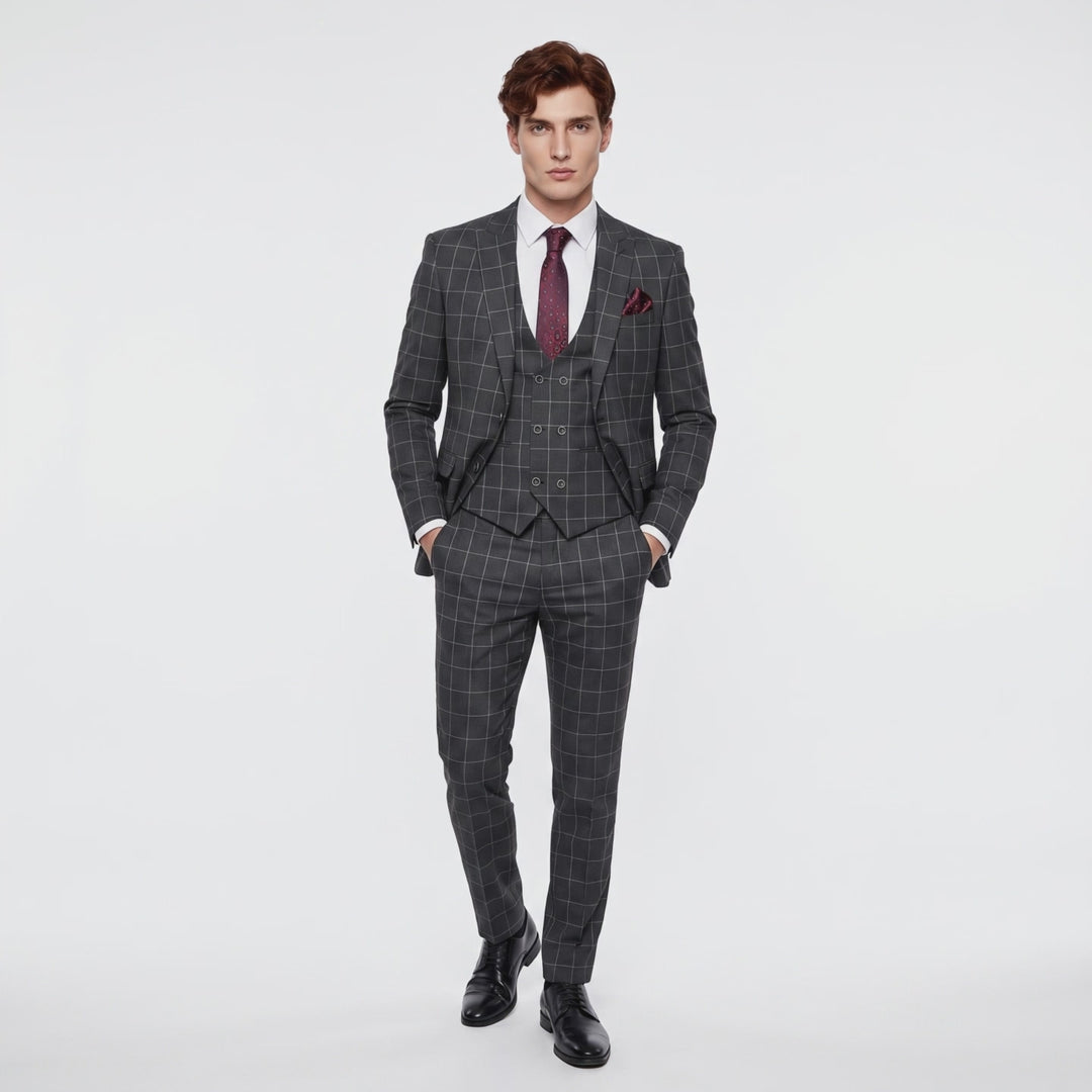 Menseventwear Formal Mens Suit 3 Pieces Business Plaid Solid Peak Lapel Tuxedos (Blazer+Vest+Pants)