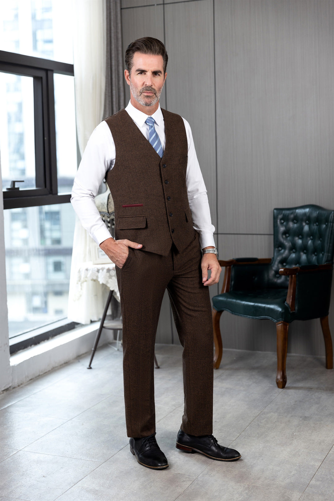 Vintage Classical 2 Pieces Mens Suit Herringbone V Neck Vest Suit For Wedding (Vest + Pants) mens event wear