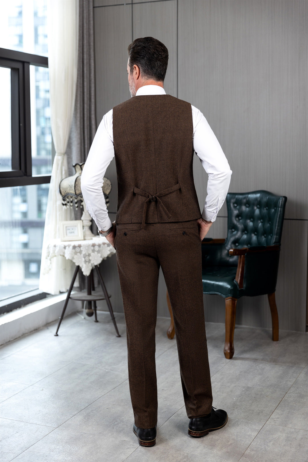 Vintage Classical 2 Pieces Mens Suit Herringbone V Neck Vest Suit For Wedding (Vest + Pants) mens event wear