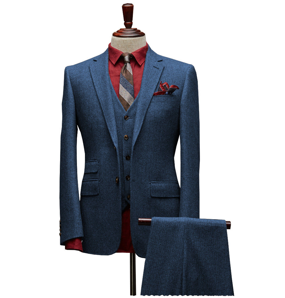 Vintage Classical 3 Pieces Mens Suit Herringbone Tweed Notch Lapel Tuxedos (Blazer+vest+Pants) mens event wear