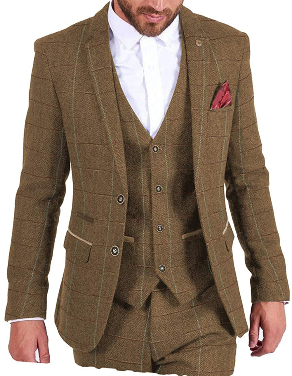 Vintage Classical Men's 3 Pieces Mens Herringbone Plaid Notch Lapel Suit (Blazer+vest+Pants) mens event wear