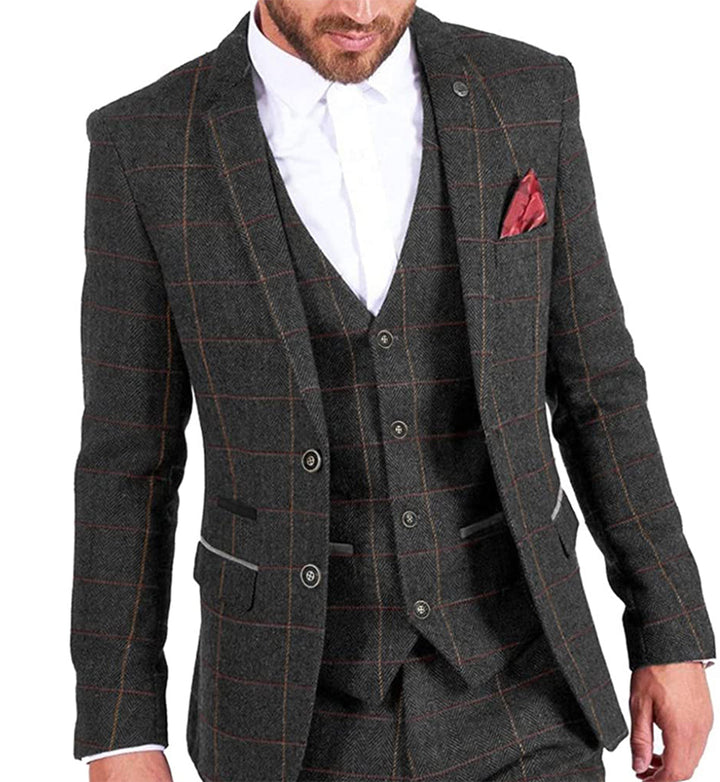 Vintage Classical Men's 3 Pieces Mens Herringbone Plaid Notch Lapel Suit (Blazer+vest+Pants) mens event wear