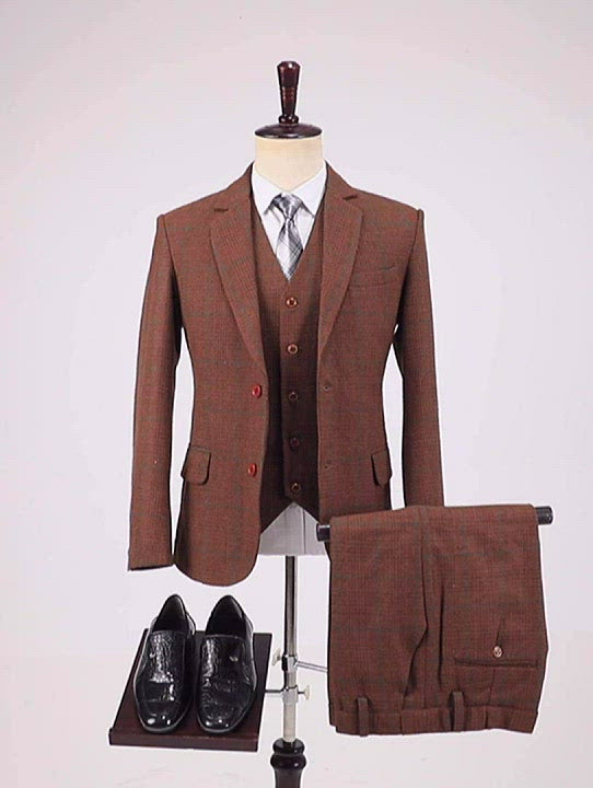 Traje formal de 3 piezas para hombre de negocios con solapa de muesca de tweed a cuadros burdeos (Blazer + chaleco + pantalones)
