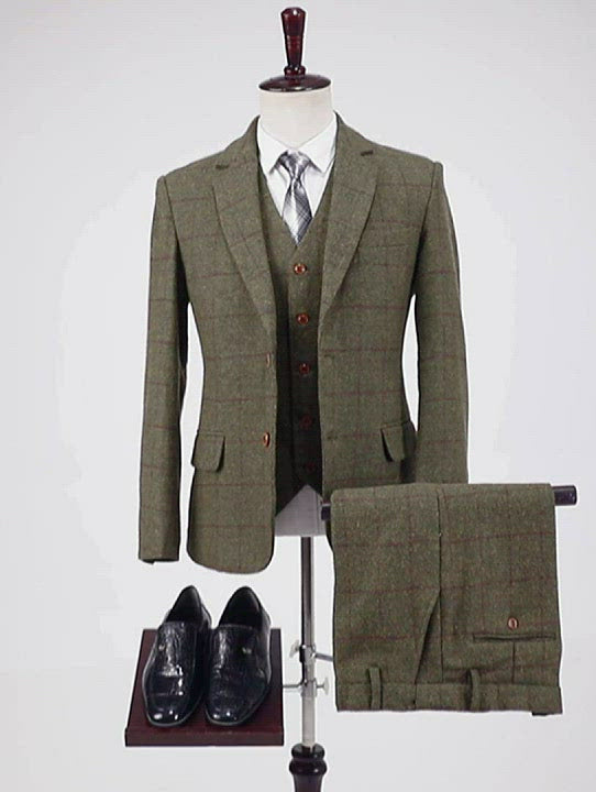 Men's Business 3 Pieces Mens Formal Tweed Plaid Notch Lapel Suit (Blazer+vest+Pants)