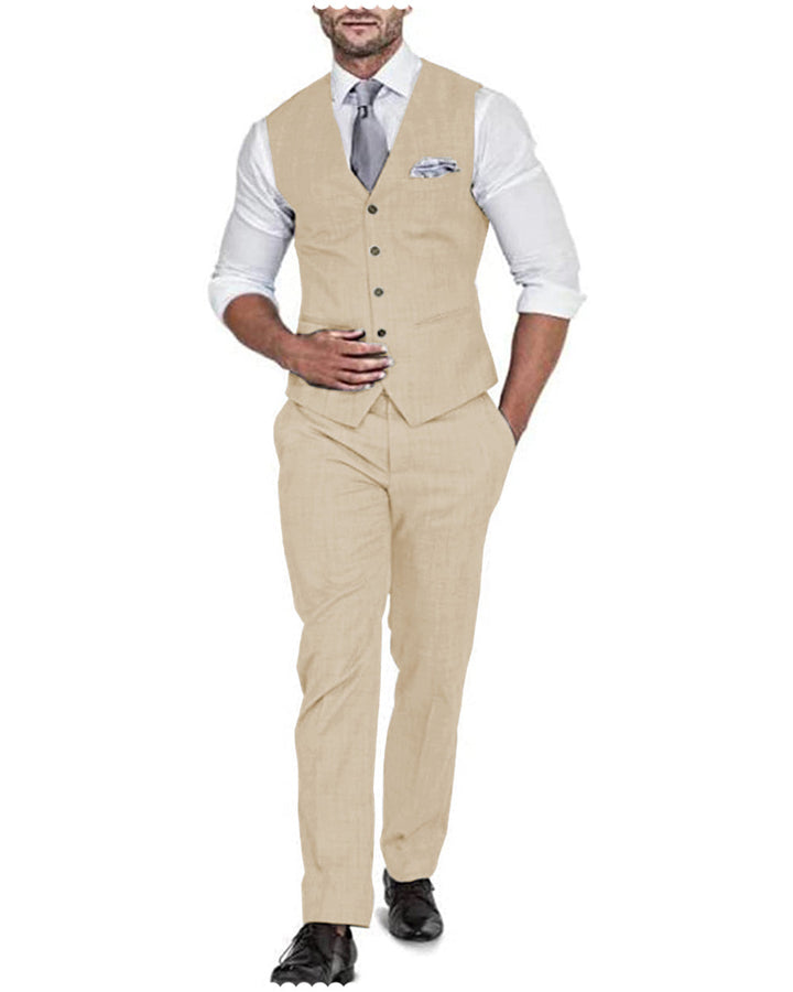 2 Pieces Mens Suit Flat Linen V Neck For Wedding (Vest + Pants) mens event wear