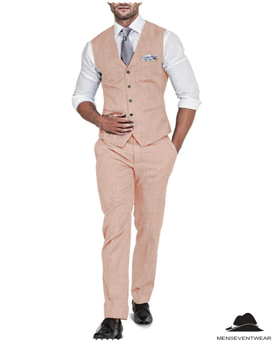 2 Pieces Mens Suit Flat Linen V Neck For Wedding (Vest + Pants) mens event wear