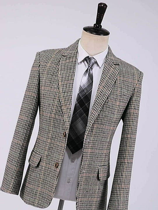 Esmoquin de solapa de muesca de tela escocesa de color caqui formal de 2 piezas de negocios para hombres para boda (Blazer + Pantalones)