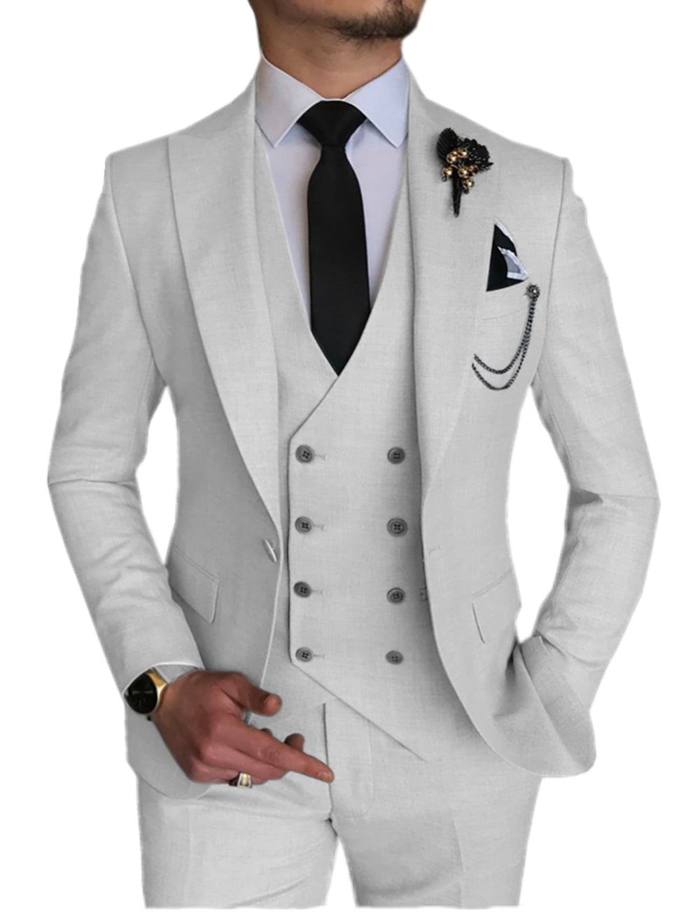 3 Piece Mens Suit Slim Fit Solid Peak Lapel Suit (Blazer + Vest + Pants ...