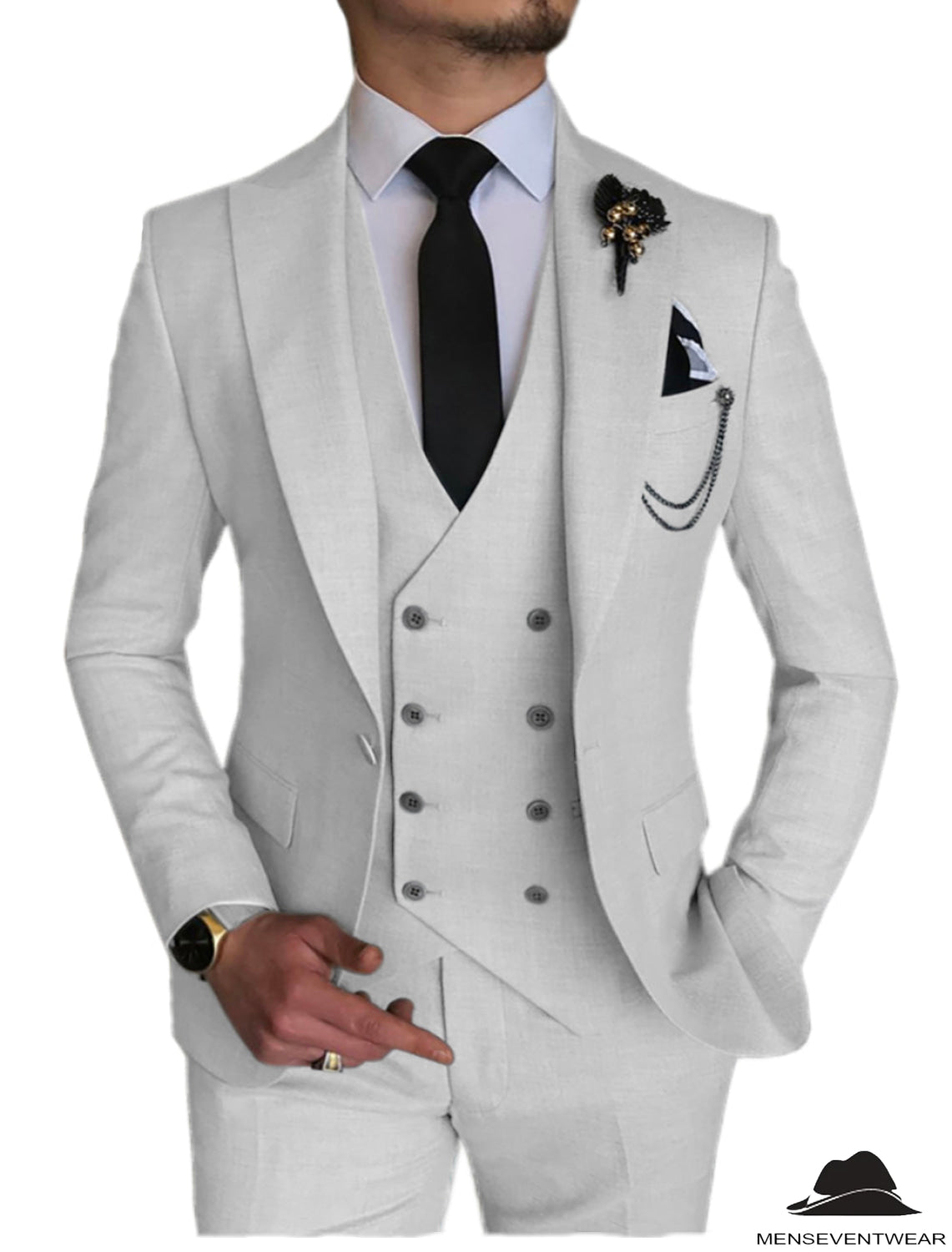 3 Piece Mens Suit Slim Fit Solid Peak Lapel Suit (Blazer + Vest + Pants ...