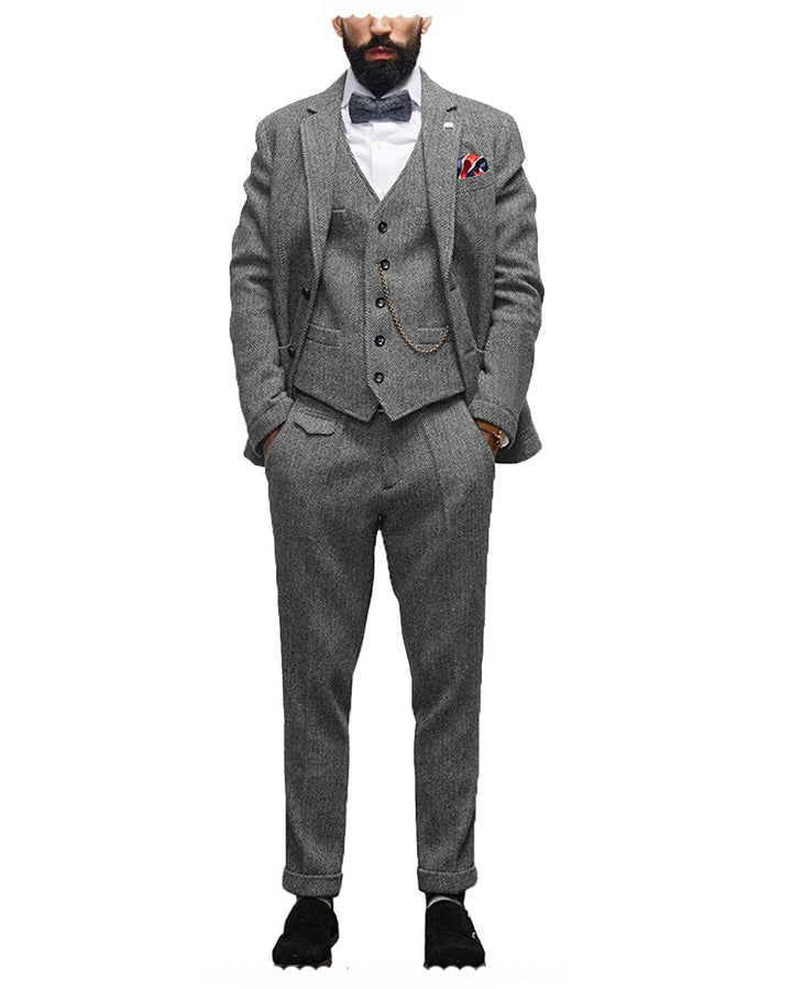 3 Pieces Classic Mens Suit Herringbone Notch Lapel Blazer (Blazer+vest+Pants) mens event wear
