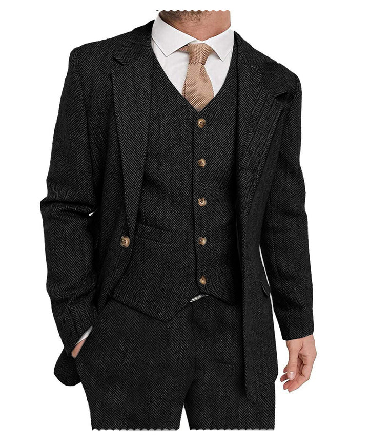 3 Pieces Mens Suit Classic Herringbone Notch Lapel Tuxedos (Blazer+vest+Pants) mens event wear