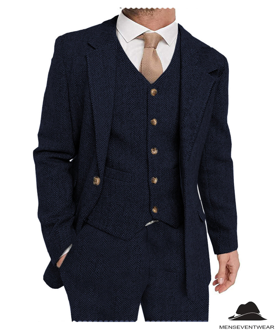 3 Pieces Mens Suit Classic Herringbone Notch Lapel Tuxedos (Blazer+vest+Pants) mens event wear