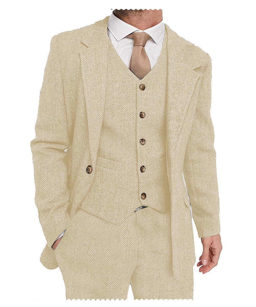 3 Pieces Mens Suit Classic Herringbone Notch Lapel Tuxedos (Blazer+vest+Pants) mens event wear