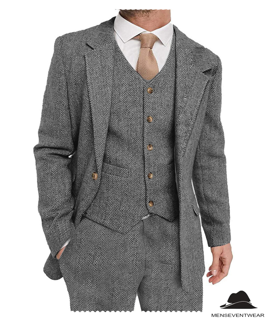 3 Pieces Mens Suit Classic Herringbone Notch Lapel Tuxedos (Blazer+vest+Pants) mens event wear