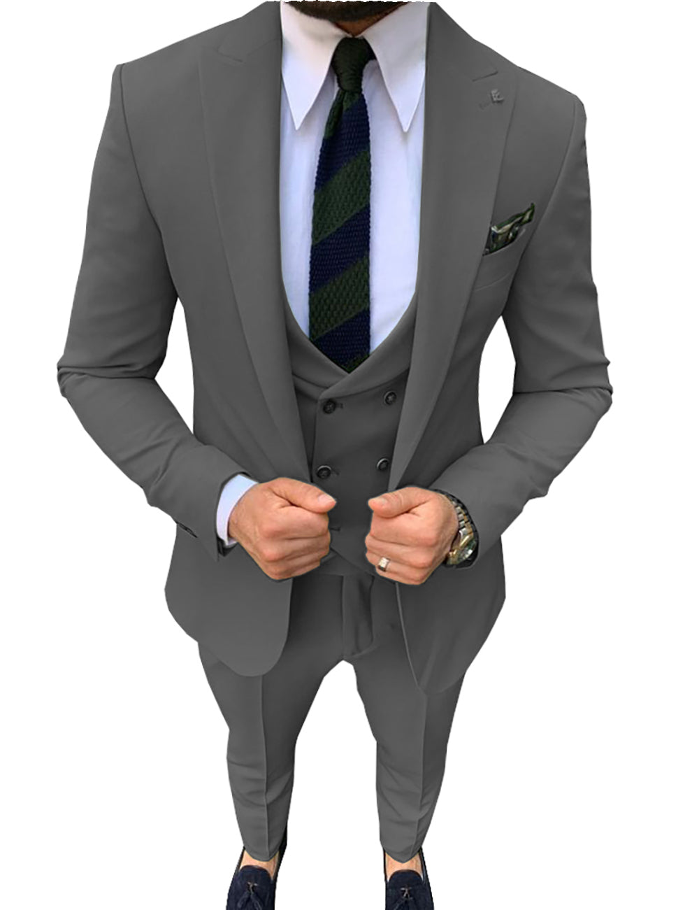 3 Pieces Mens Suit Slim Fit Solid Peak Lapel Tuxedos (Blazer+vest+Pants ...