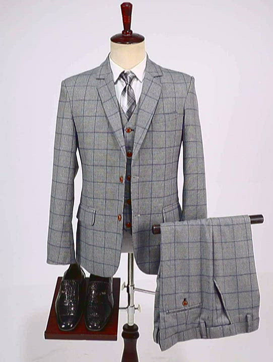Men's Business 3 Pieces Formal Grey Plaid Solid Notch Lapel Suit (Blazer+Vest+Pants)