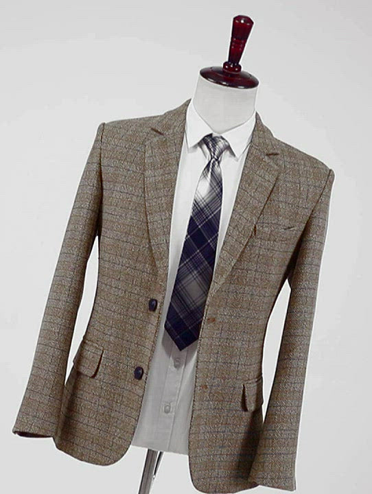 Mens Suit Business 2 Pieces Formal Brown Plaid Notch Lapel Tuxedos (Blazer+Pants)