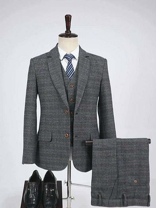 Men's Business 3 Pieces Formal Dark Grey Plaid Tweed Notch Lapel Suit (Blazer+vest+Pants)