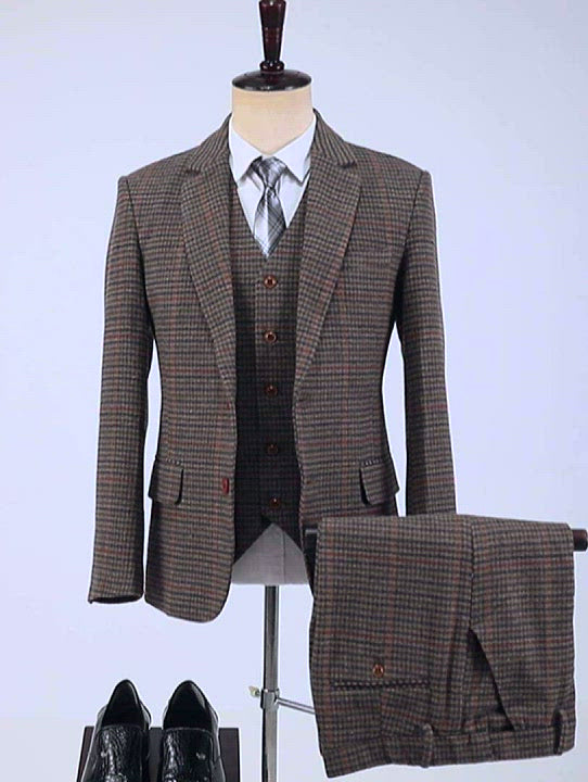 Men's Business 3 Pieces Formal Coffee Plaid Notch Lapel Suit (Blazer+vest+Pants)