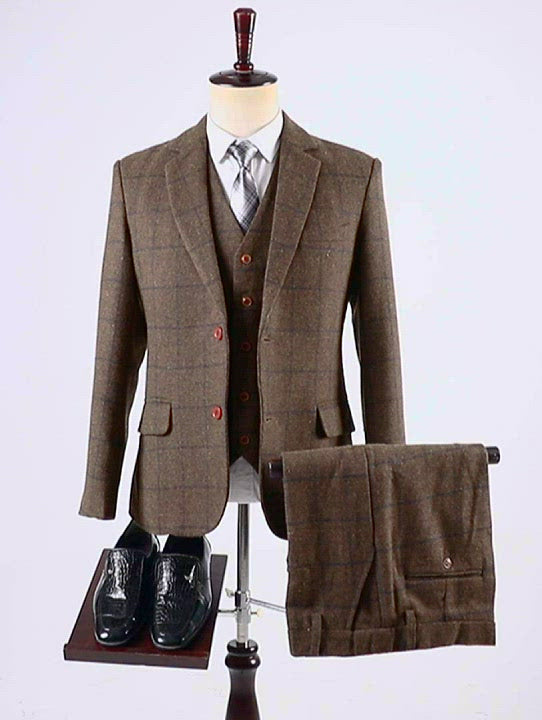 Men's Formal 3 Pieces Business Coffee Tweed Plaid Notch Lapel Suit (Blazer+vest+Pants)