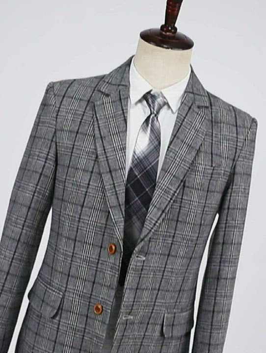 Mens Suit Business 2 Pieces Formal Dark Grey Plaid Notch Lapel Tuxedos (Blazer+Pants)