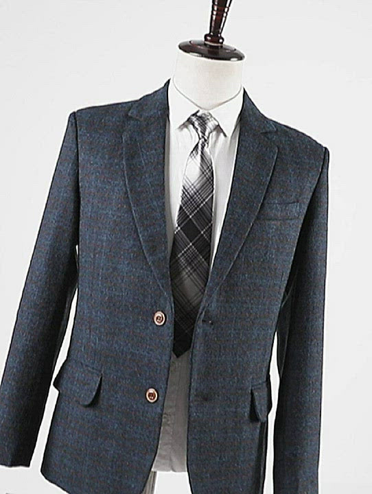 Mens Suit Business 2 Pieces Formal Navy Plaid Notch Lapel Tuxedos (Blazer+Pants)