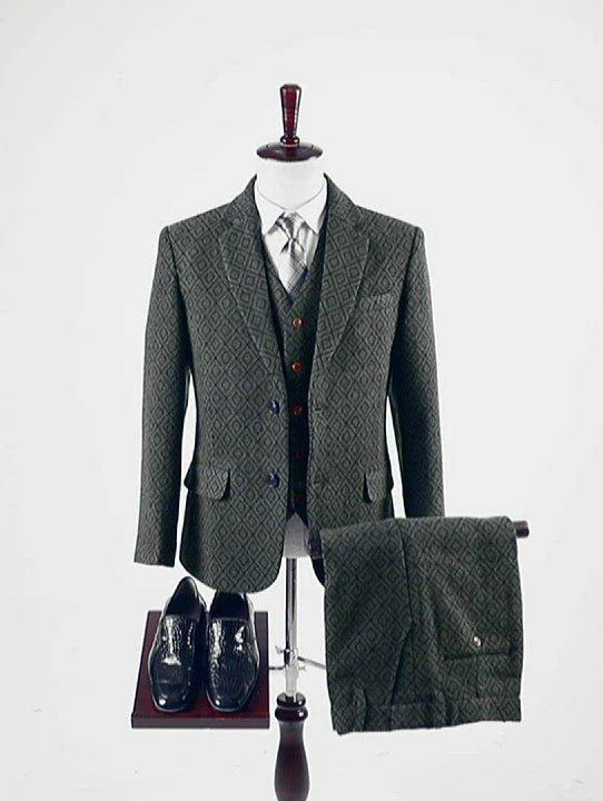 Men's Business 3 Pieces Formal Black Plaid Tweed Notch Lapel (Blazer+vest+Pants)