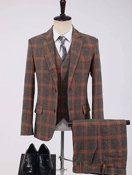 Traje de solapa de muesca de tweed a cuadros naranja formal de 3 piezas de negocios para hombres (Blazer + chaleco + pantalones)