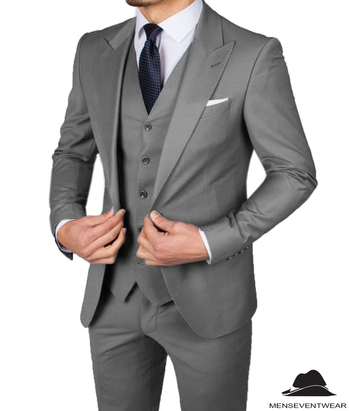 Business Men's 3 Pieces Mens Suit Peak Lapel Solid Tuxedos (Blazer+vest+Pants) mens event wear