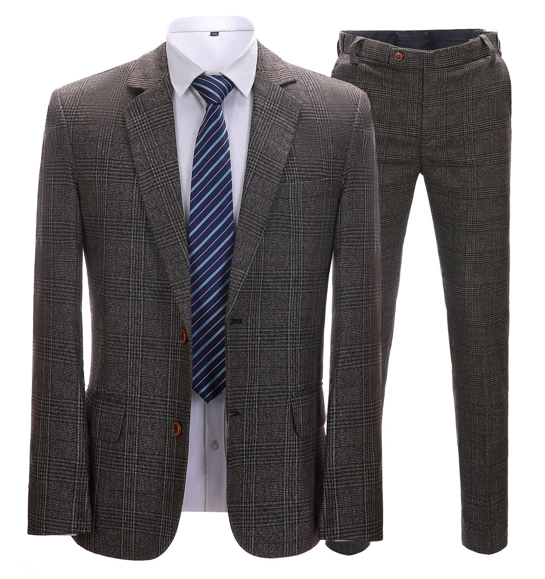 Business Men's Suit Formal Tweed 2 Pieces Coffee Plaid Notch Lapel Tuxedos (Blazer+Pants) mens event wear