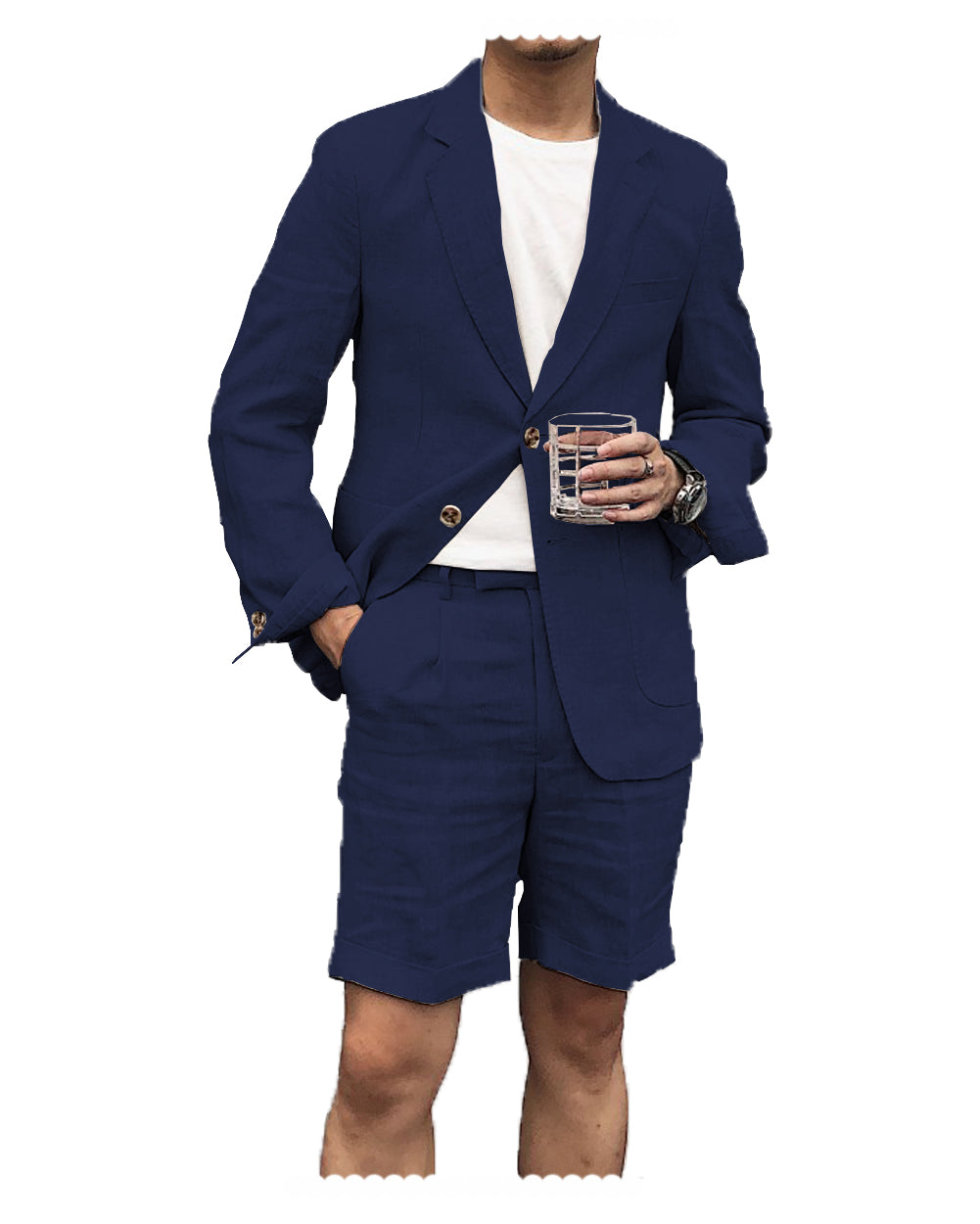 Casual 2 Piece Men's Suit Flat Linen Notch Lapel Tuxedos (Blazer+Shorts) mens event wear