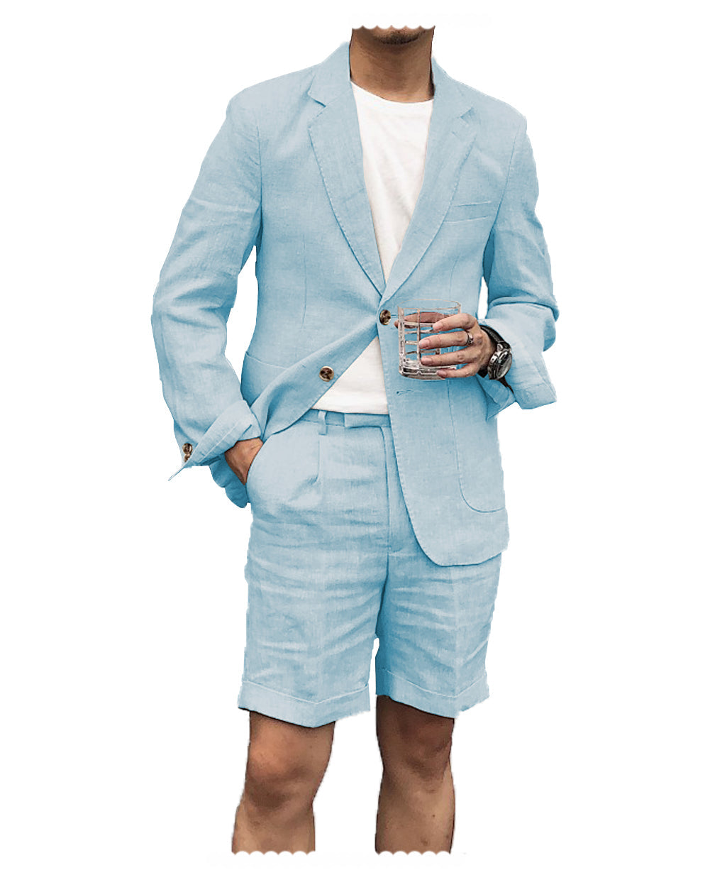 Casual 2 Piece Men's Suit Flat Linen Notch Lapel Tuxedos (Blazer+Shorts) mens event wear