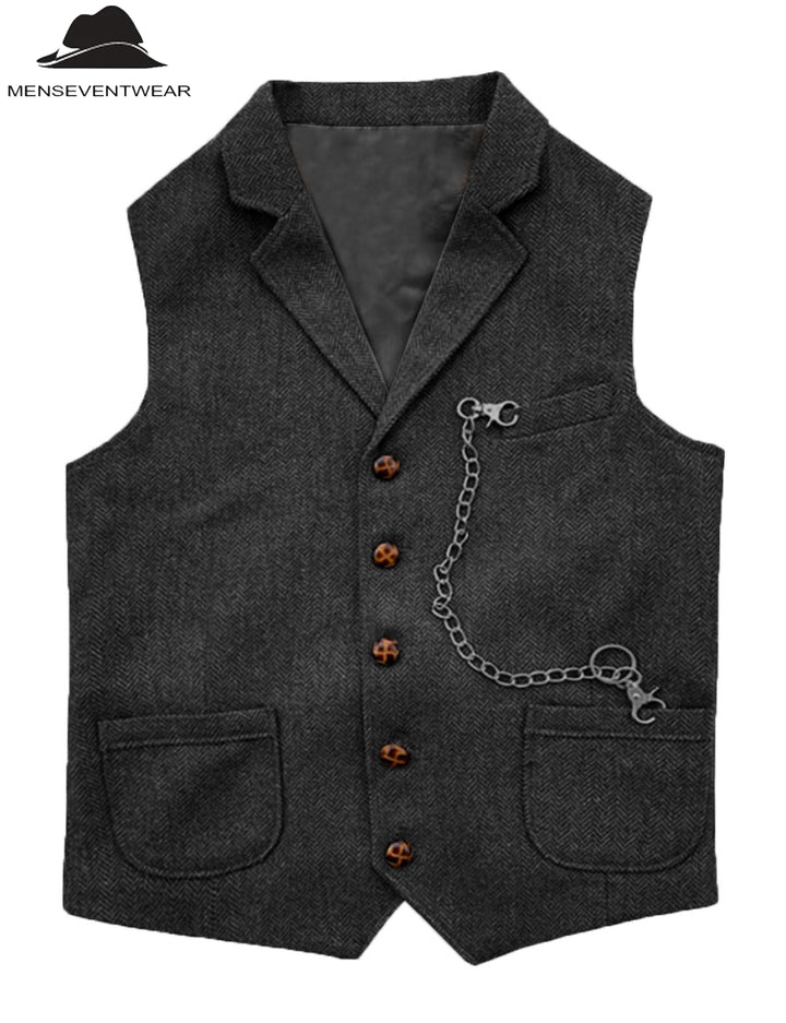 Casual Men's Classic Slim Fit Herringbone Notch Lapel Waistcoat menseventwear